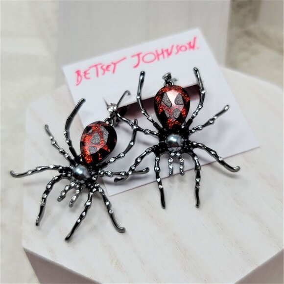 Betsey Johnson Large Spider Rhinestone Earrings - Picture 2 of 9
